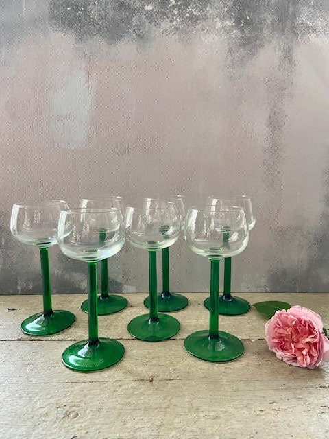 Vintage, Set Of, Wine Glasses, Green Stemmed, Bar Glasses, Mid Century, Coloured Glassware, Christmas Tableware, Party, Barware, Gift