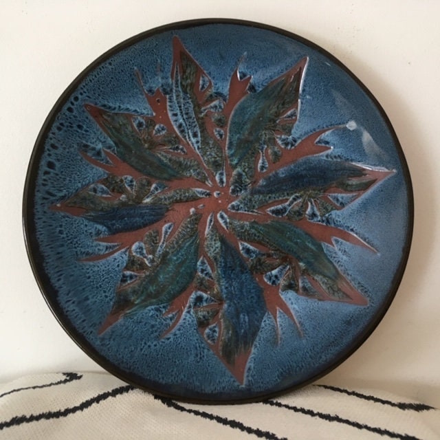 Vintage Hand Painted Ceramic Plate, Moroccan Pottery Dish, Folk, Cottagecore, Rustic Decor, Blue, Brown Tableware, Nature Inspired Gift
