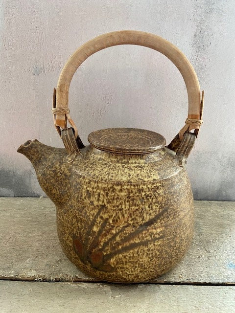 Vintage Ceramic Tea Pot, Coffee Pot, Bamboo Handle, Earthy Tone Pottery, Oriental Stoneware, Rustic Decor, Nature Inspired, Japandi Decor