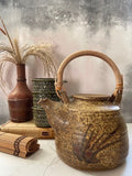 Vintage Ceramic Tea Pot, Coffee Pot, Bamboo Handle, Earthy Tone Pottery, Oriental Stoneware, Rustic Decor, Nature Inspired, Japandi Decor