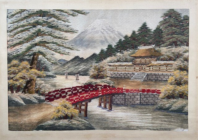 Vintage Embroidery Framed Tapestry Picture, Japandi Art, Textile Art, Mountain, Chinoiserie, Oriental, Gallery Wall Art, Japanese Decor