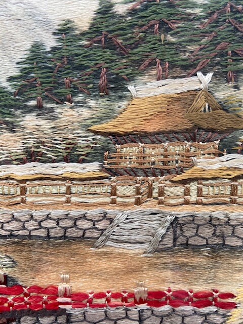 Vintage Embroidery Framed Tapestry Picture, Japandi Art, Textile Art, Mountain, Chinoiserie, Oriental, Gallery Wall Art, Japanese Decor