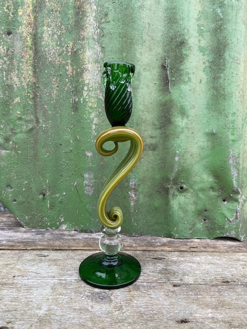 Vintage Green Glass Candlestick, Tall Curved Wavy Candle Holder, Maximalist Decor, Mantle, Table Decor, Coloured Glassware, Wedding Gift