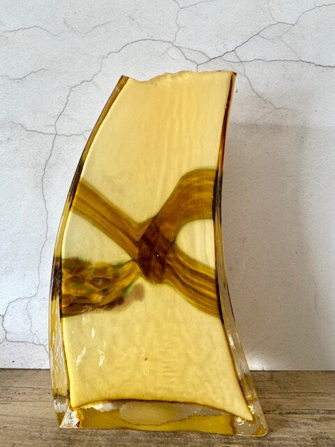 Vintage Glass Flower Vase, Yellow, Coloured Glass, Curved Wavy, Maximalist Decor, Mid Century Modern, Sculpture, Heavy, Nature Inspired Gift