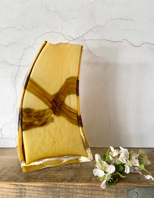 Vintage Glass Flower Vase, Yellow, Coloured Glass, Curved Wavy, Maximalist Decor, Mid Century Modern, Sculpture, Heavy, Nature Inspired Gift