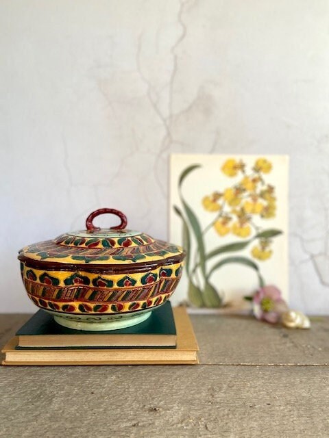 Vintage Lidded Tureen, Ceramic Serving Dish, With Lid, Bright, Patterned Colourful Folk Art, Tableware, Shorter And Son, Rustic Cottagecore