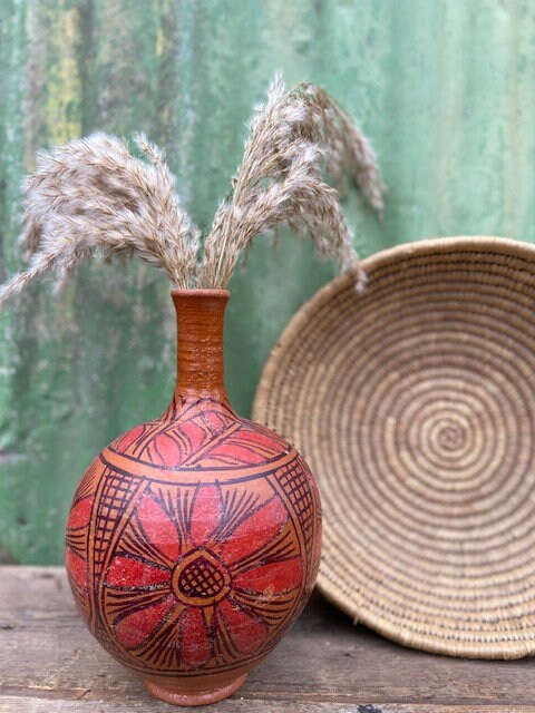 Vintage Red Vase, Ceramic Bottle, Hand Painted Folk Style Pottery, African, Patterned, Display, Moroccan, Rustic, Tribal, Maximalist Decor