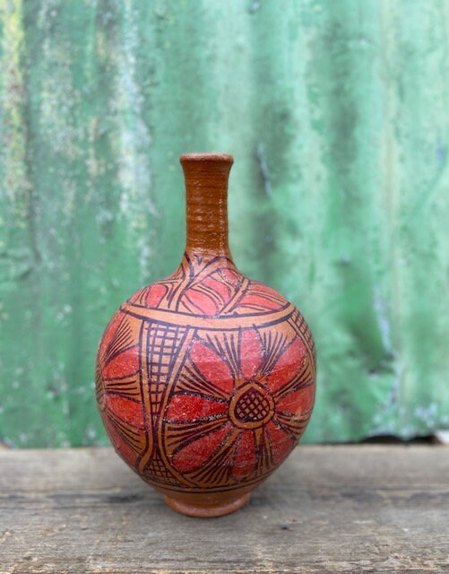 Vintage Red Vase, Ceramic Bottle, Hand Painted Folk Style Pottery, African, Patterned, Display, Moroccan, Rustic, Tribal, Maximalist Decor