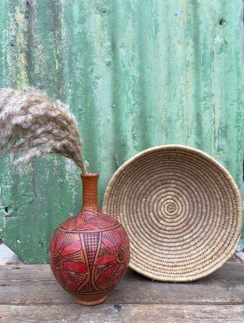 Vintage Red Vase, Ceramic Bottle, Hand Painted Folk Style Pottery, African, Patterned, Display, Moroccan, Rustic, Tribal, Maximalist Decor