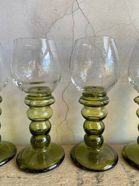 6 Vintage Green Stemmed Wine Glass, Coloured, Olive Glasses, Etched Wine Glasses, Home Table Decor, Goblet, Set Of, Glassware, Gin, Barware