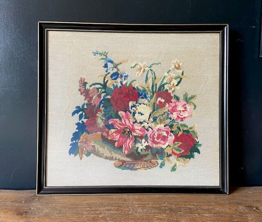 Vintage Floral Needle Point Picture, Framed Cross Stitch Picture, Embroidered Textile Art, English Country House, Cottagecore Decor