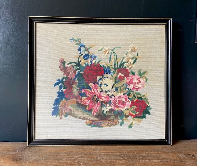 Vintage Floral Wall Tapestry, Needle Point Picture, Framed Cross Stitch Picture, Embroidery, Textile Art, Gallery Wall Decor, Cottagecore