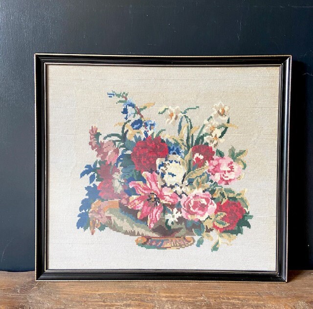 Vintage Floral Wall Tapestry, Needle Point Picture, Framed Cross Stitch Picture, Embroidery, Textile Art, Gallery Wall Decor, Cottagecore