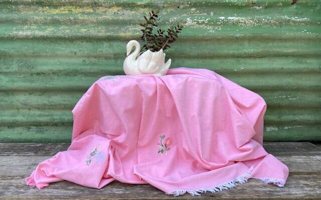 Vintage Embroidery, Hot Pink, Fancy Table Cloth, Rectangular Decorative Lace Tablecloth, Bright Decor, Handmade, Easter Table Linen