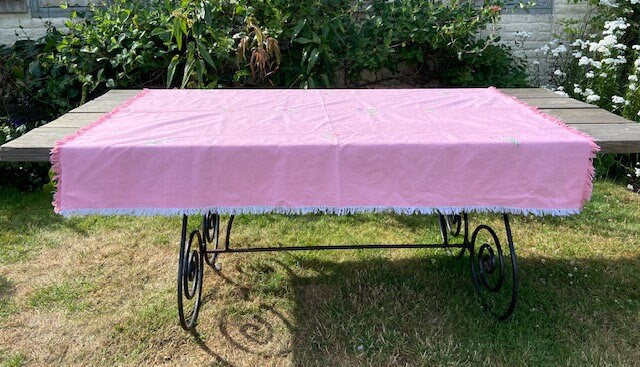 Vintage Embroidery, Hot Pink, Fancy Table Cloth, Rectangular Decorative Lace Tablecloth, Bright Decor, Handmade, Easter Table Linen