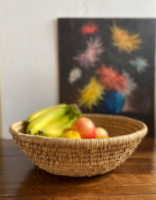 Vintage Large Hand Woven Coil Basket, Round, Fruit Bowl, Display, Storage, Basket Wall Art, Cottagecore, Rustic Decor, Sustainable Gift
