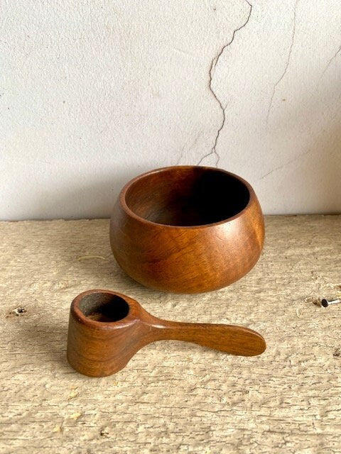 Vintage Wooden Condiment Set, Retro Salt Cellar, Sugar Bowl, Pot With Spoon, Mid Century, Cottagecore Decor, Scandi Tableware, Kitchenalia