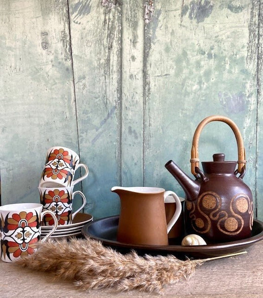 Vintage Mid Century Coffee Set, Coffee Cup And Saucer, Milk Jug, Sugar Bowl, Elizabeth Fortune, Colourful Orange Brown Retro Design