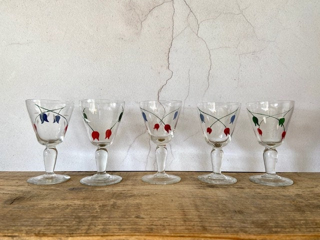 Vintage Set Of 5, Aperitif Glasses, Liquor, Sherry, Pretty Hand Painted Glasses, Barware, Drinks Tray Glassware, Summer Tableware Decor