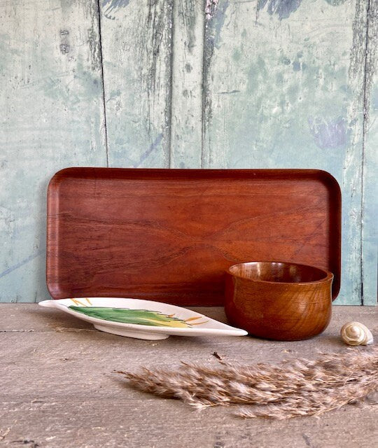 Vintage Wooden Serving Platter Set, Wood Grazing Board, Mid Century, Rustic Tableware, Retro Ceramic Nibbles Bowl, Party Decor,
