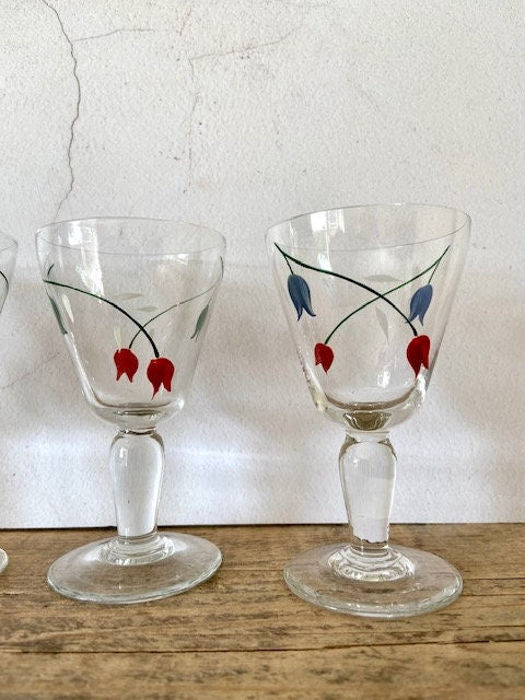 Vintage Set Of 5, Aperitif Glasses, Liquor, Sherry, Pretty Hand Painted Glasses, Barware, Drinks Tray Glassware, Summer Tableware Decor