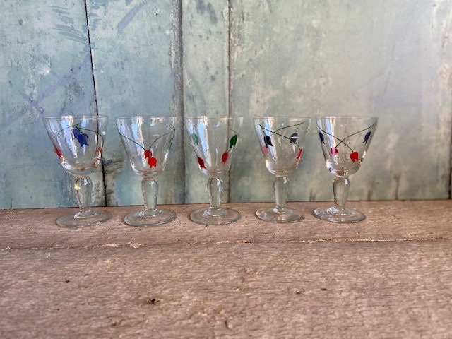 Vintage Set Of 5, Aperitif Glasses, Liquor, Sherry, Pretty Hand Painted Glasses, Barware, Drinks Tray Glassware, Summer Tableware Decor