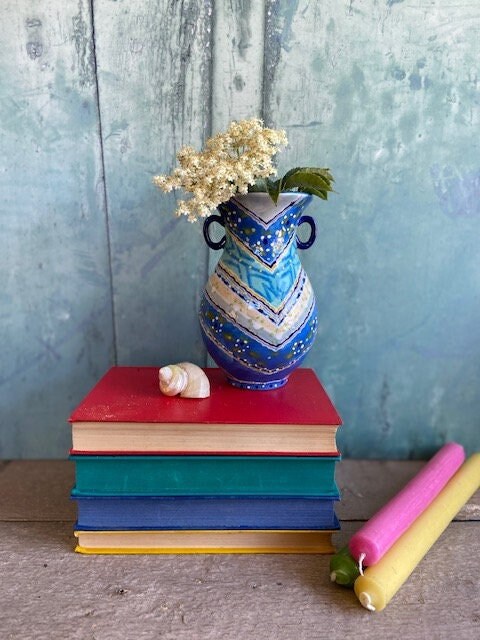 Vintage Bright, Colourful Vase, Small Pottery Urn, With Handles, Folk, Mediterranean Vase, Maximalist, Home Decor, Small Utensil Holder