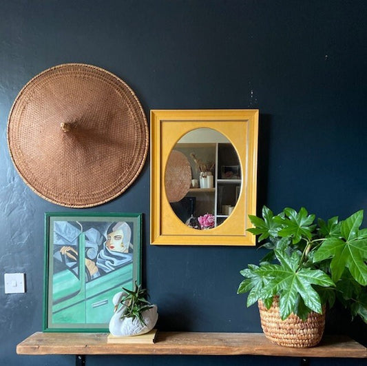 Vintage Yellow Painted Mirror, Oval, Rectangular, Bright Wall Decor, Wall Hanging, Maximalist Decor, Bathroom, Hall, Sitting Room Mirror