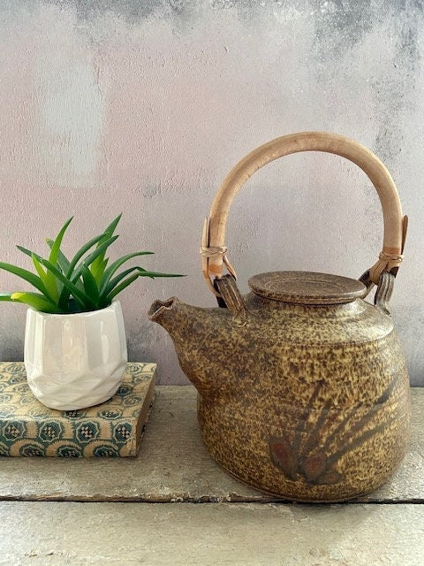 Vintage Ceramic Tea Pot, Coffee Pot, Bamboo Handle, Earthy Tone Pottery, Oriental Stoneware, Rustic Decor, Nature Inspired, Japandi Decor