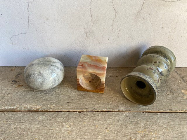 Vintage Short Candlesticks, Tall Candle Holder, Marble, Onyx Natural Stone, Collection Of, Curved, Ceramic, , Rustic Home Decor, Cottagecore