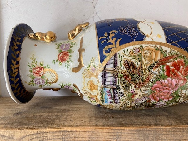 Vintage Large, Tall Oriental Statement Vase, Japandi Decor, Bird, Botanical, Painted Colourful Decorative Pattern, Bright Maximalist Decor