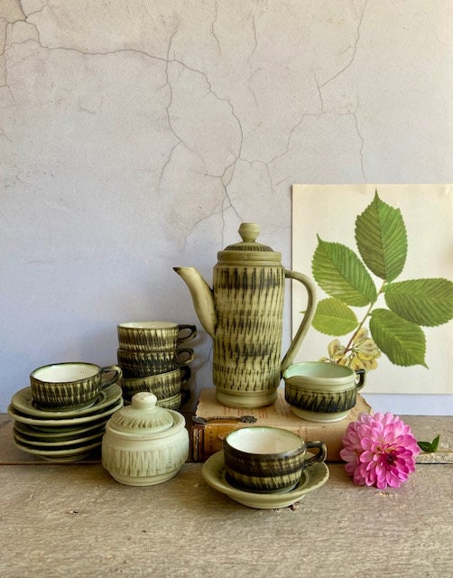 Vintage Green Coffee Set, Coffee, Tea Pot, Milk Jug, Sugar Bowl, 6 Cup And Saucer, Studio Pottery, Cottagecore, Rustic, Natural Decor