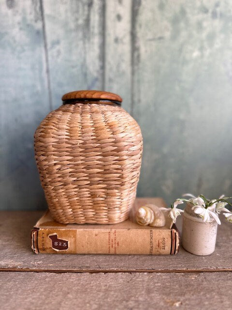 Vintage Glass Wicker Storage Jar With Lid, Kitchen, Tea, Coffee, Sugar Jar, Rattan Lidded Jar, Farmhouse, Rustic Decor, Natural Home Decor