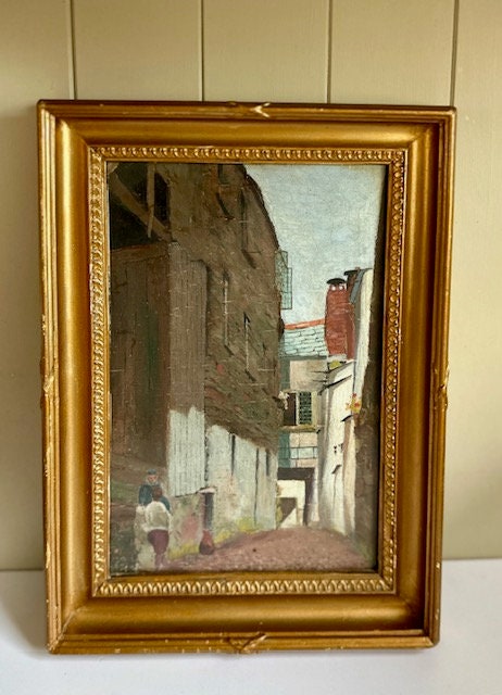 Vintage Street Scene Oil Painting On Wood, Original Gold Framed Art, Quaint City Scene With Natural Brown And Green, Gallery Wall Decor