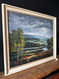 Large Vintage Landscape Painting Oil On Black Board, Large Framed Signed Art, English Countryside, Hills, River, Vibrant Blues And Green