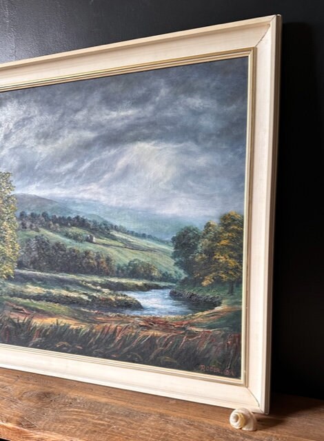 Large Vintage Landscape Painting Oil On Black Board, Large Framed Signed Art, English Countryside, Hills, River, Vibrant Blues And Green