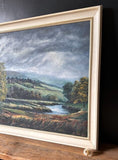 Large Vintage Landscape Painting Oil On Black Board, Large Framed Signed Art, English Countryside, Hills, River, Vibrant Blues And Green