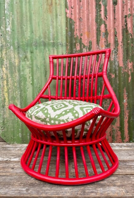 Vintage Red Bamboo Chair, Fireside, Reading Nook, Nursery Chair, Bright, Rustic Boho Decor, Colourful Painted Furniture, Maximalist Decor
