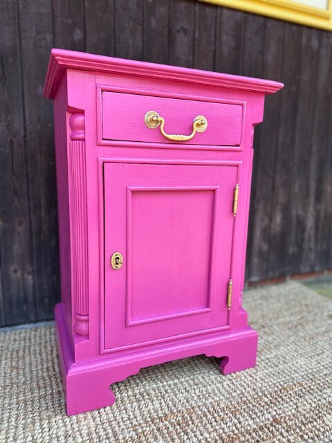 Vintage Antique Pine, Pink Bedside Table, Pot Cupboard, Upcycled, Painted Furniture, Bathroom Storage, Sim Cupboard, Maximalist Decor