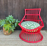 Vintage Red Bamboo Chair, Fireside, Reading Nook, Nursery Chair, Bright, Rustic Boho Decor, Colourful Painted Furniture, Maximalist Decor