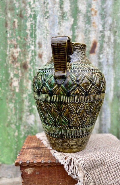 Large West German, Olive Floor Vase, Urn, Mid Century, Large Pottery, Glazed Ceramic Vase, Jar