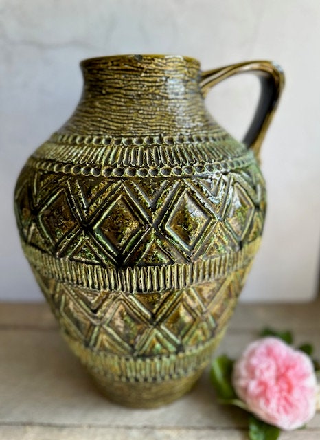 Large West German, Olive Floor Vase, Urn, Mid Century, Large Pottery, Glazed Ceramic Vase, Jar