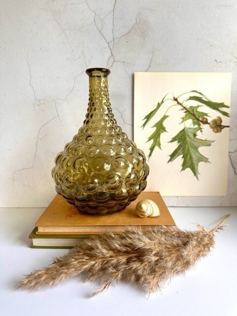 Vintage Olive Glass Vase, Mid Century Decanter, Italian Glass, Coloured Glass, Bubble Glass Bottle, Rustic Decor, Cottagecore Decor