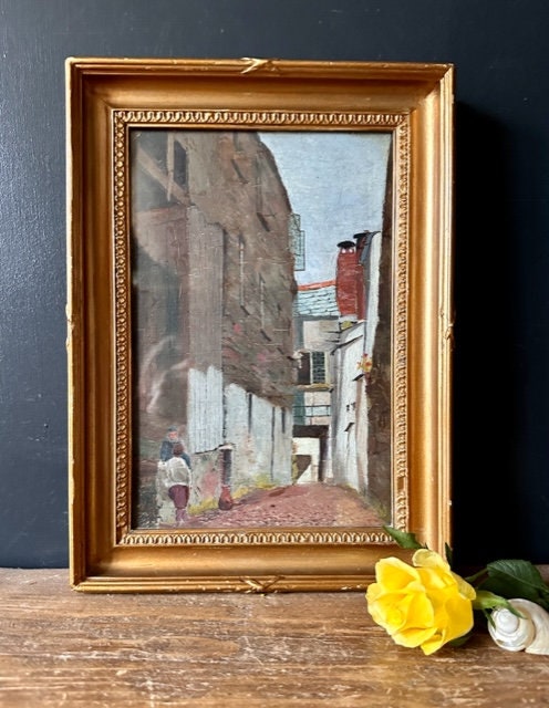 Vintage Street Scene Oil Painting On Wood, Original Gold Framed Art, Quaint City Scene With Natural Brown And Green, Gallery Wall Decor