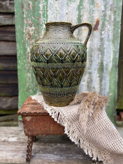 Large West German, Olive Floor Vase, Urn, Mid Century, Large Pottery, Glazed Ceramic Vase, Jar