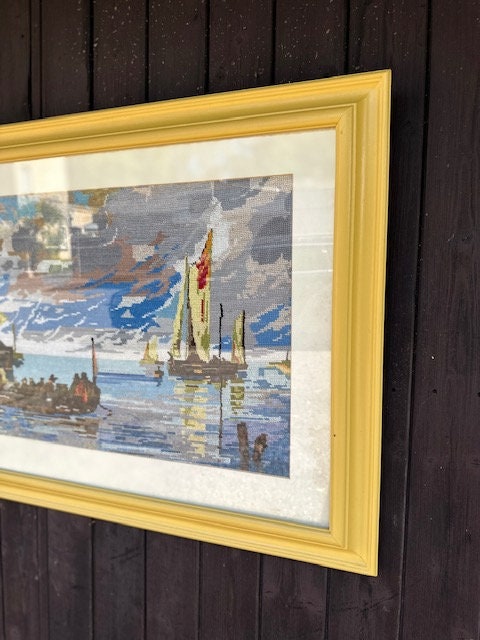 Vintage Large Nautical Wall Tapestry, Needle Point Picture, Framed Cross Stitch Picture, Embroidery, Textile Art, Bright Gallery Wall Decor
