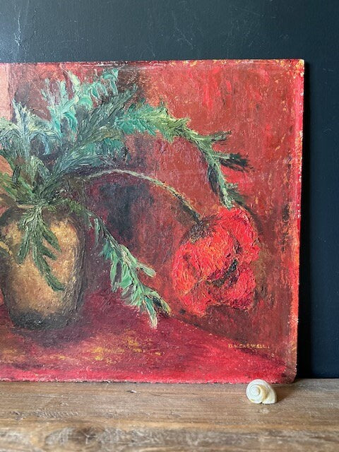 Vintage Floral Oil Painting, Vibrant Red Poppies In A Vase, Original Signed Art, Bright Floral Painting, Gallery Wall, Rustic Home Decor, Maximalist Art