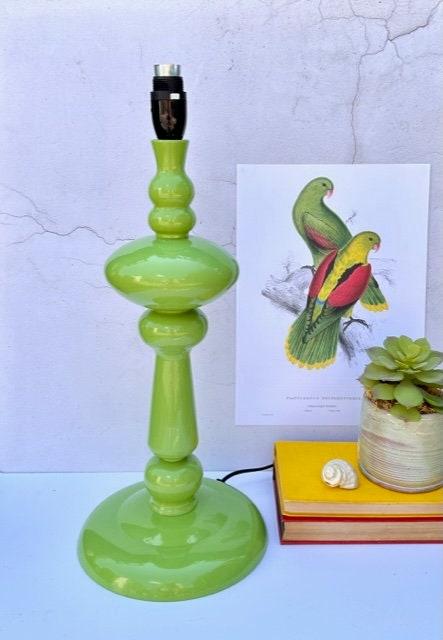 Vintage Tall Green Table Lamp Base, Curved, Bobbin Bedside Lamp, Painted Metal, Bright Lighting, Colourful Home Decor, Maximalist Decor