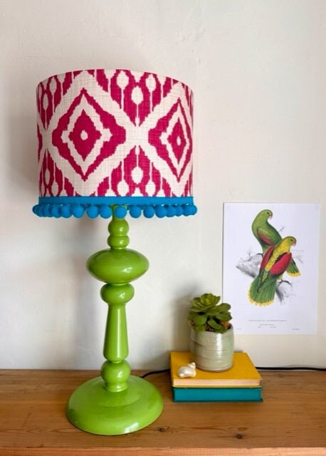 Vintage Tall Green Table Lamp Base, Curved, Bobbin Bedside Lamp, Painted Metal, Bright Lighting, Colourful Home Decor, Maximalist Decor