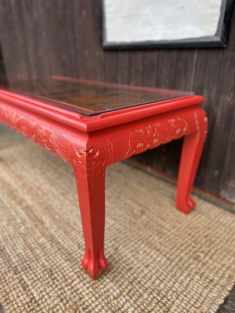 Vintage Red Oriental Coffee Table, Rectangular Decorative Low Table, Japandi Home Decor, Painted Furniture, Quirky Wooden Table, Glass Top